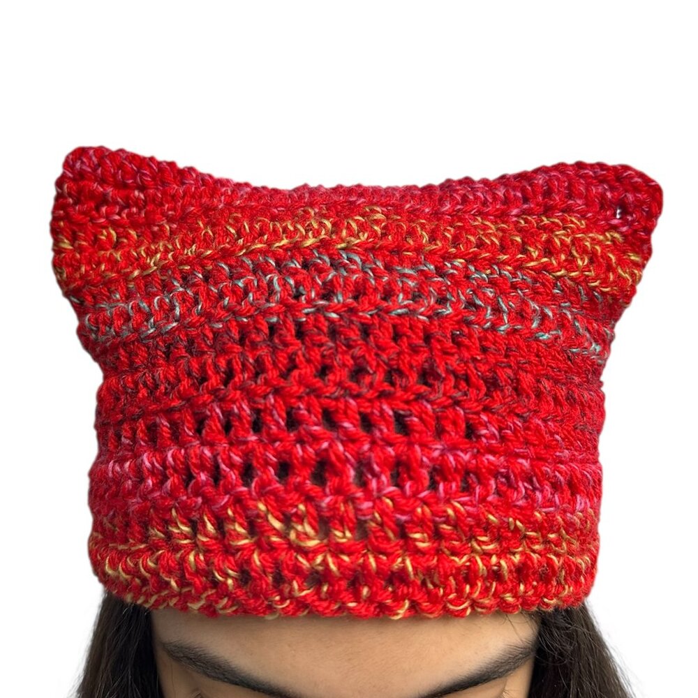 Cat Ear Beanie Unisex Red Multicolor Small Stripes Crochet Brand New Handmade